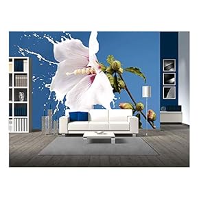 White Flowers with Milk Splash on Blue Background - Removable Wall Mural | Self-Adhesive Large Wallpaper - 66x96 inches