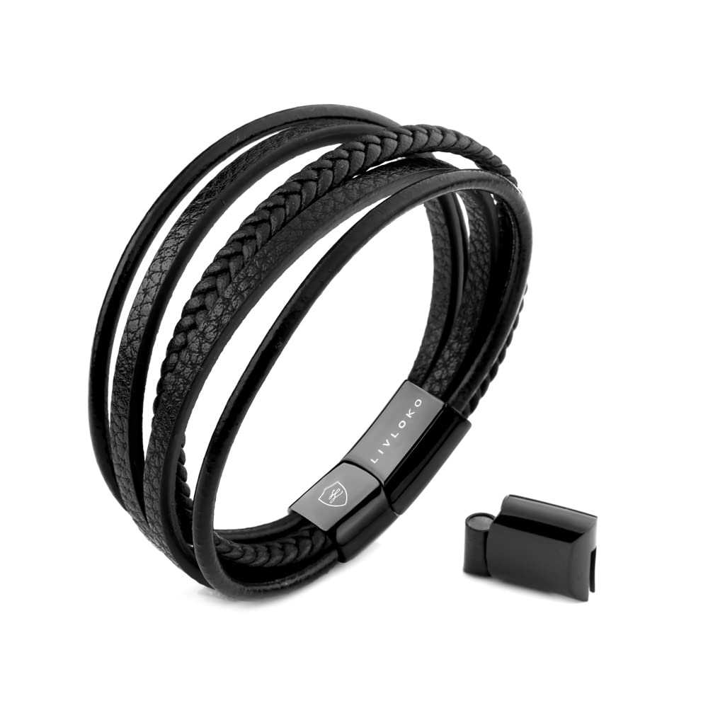 LIVLOKO Mens Bracelet Leather Black Multi-Layer Bracelet for Men Magnetic Clasp Rope Wristband Mens Gift for Boyfriend (Medium to Large 20-22cm, C. 19-22cm Black Leather Adjustable)