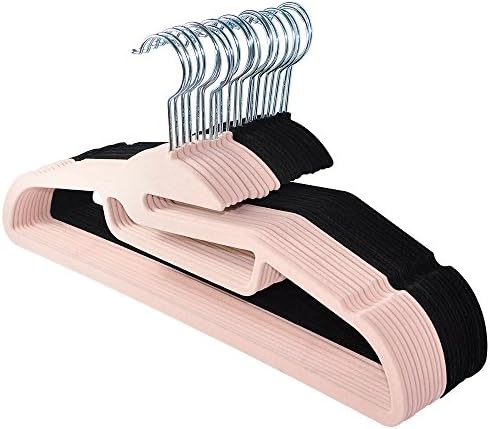 JSLHOME Velvet Suit Coat Hangers Premium Quality Multi-Function Ultra Thin Non Slip and Heavy Duty Black and Pink Pack of 20
