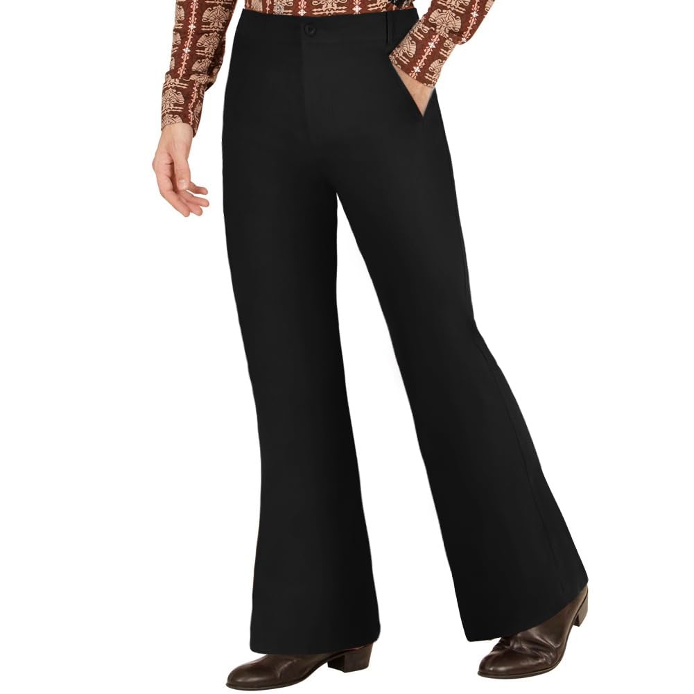AYBUY Mens Bell Bottom Pants, 70s Disco Flared Pants, 60s 70s Slim Flare Trousers, Mens Retro Flare for 1960's Fancy Dress, Theme Parties, Festivals, Everyday Casual Wear, L（Black）