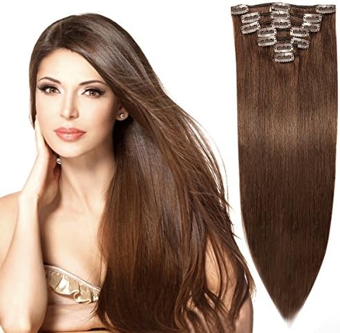 15" Remy Hair Extensions Clip in Human Hair with 15clips 7pcs Soft Smooth Straight &Thin for Lady (65g, Medium Brown #4)