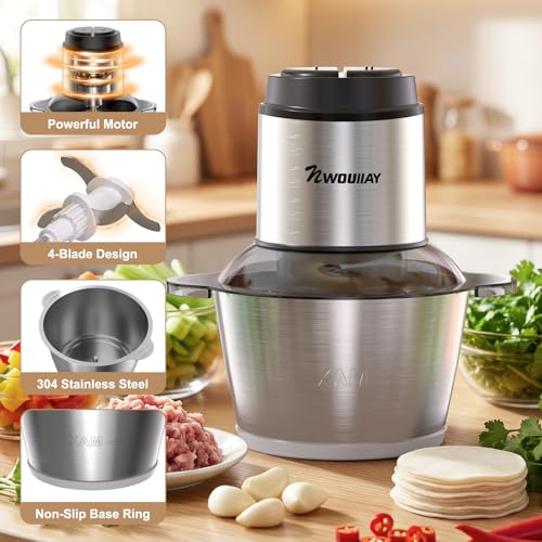 NWOUIIAY Electric Kitchen Chopper 2L 300W, 2 Speed Food Processor with 4 Blades, Multifunction Stainless Steel Bowl Chopper, Electric Chopper for Meat, Vegetables and Fruits