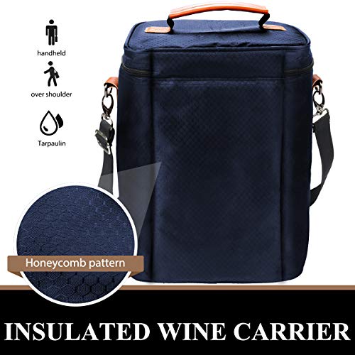 Collapsible Wine Totes Travel Carrier & Cooler Bag with Shoulder Strap, 4 Bottle Picnic Cooler Bag with Insulated Neoprene Leakproof Liner,Water Drinks Beer Picnic Lunch Bag for Grocery,Camping (Navy) - Thumbnail 2
