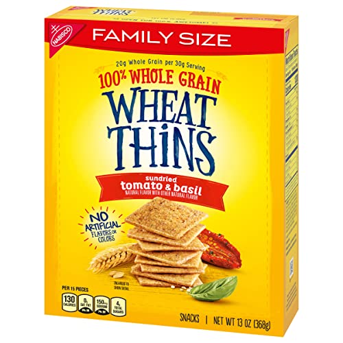 WHEAT THINS SUNDRIED TOMATO & BASIL SNACKS, WHOLE GRAIN WHEAT CRACKERS, SNACK CRACKERS, FAMILY SIZE, 13 OZ