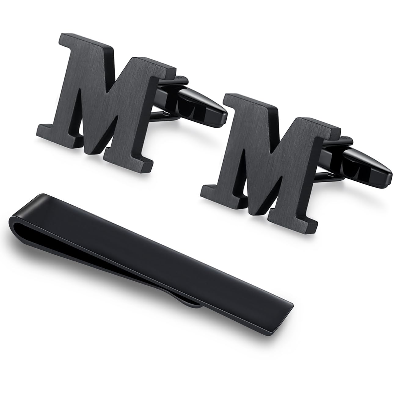 Honey Bear Initial Alphabet Letter Cufflinks Tie Clip Set for Mens - Black Stainless Steel, for Business Wedding Gift A - Z (M) — image 1