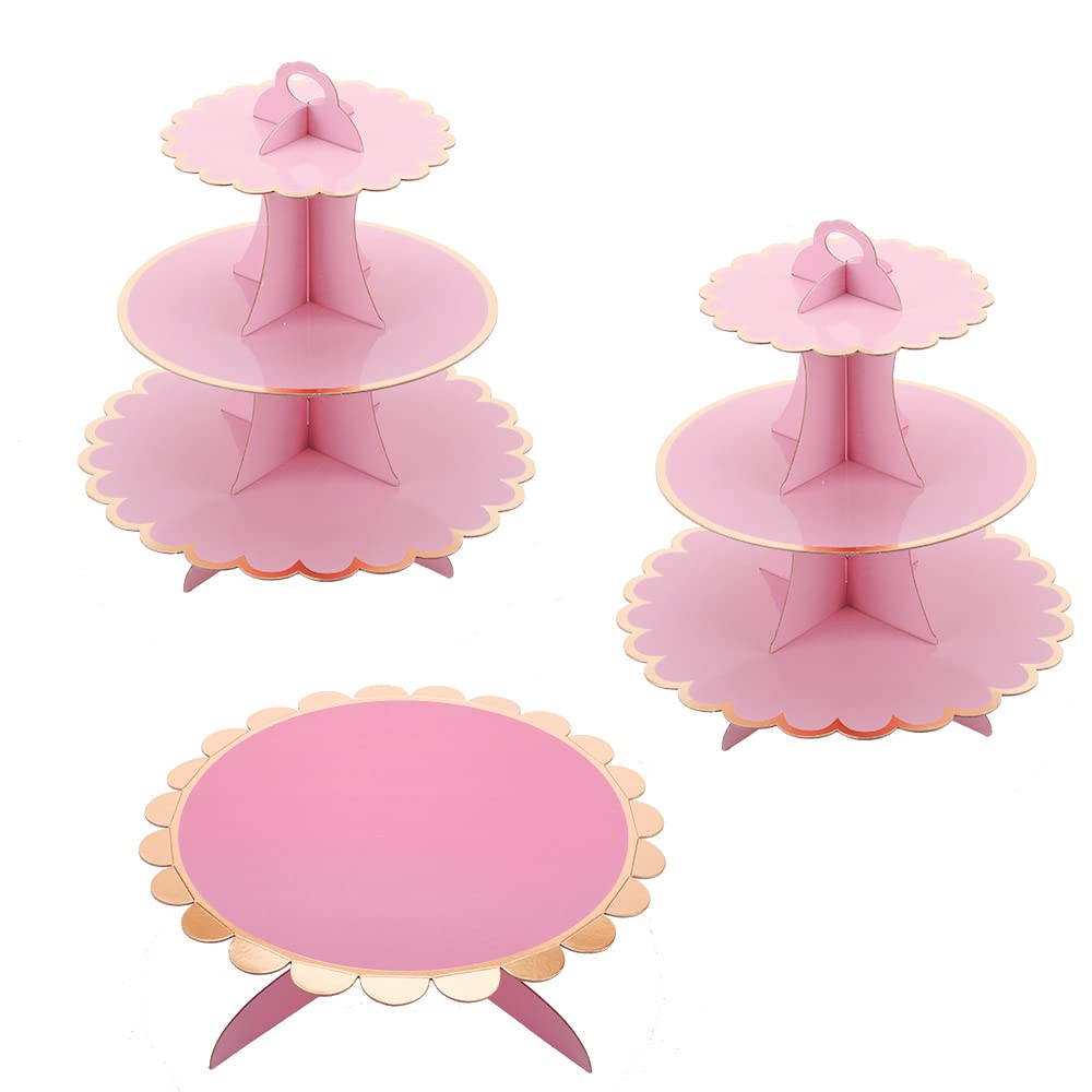 Photo 1 of MRPAPA Pink Cupcake & Cake Stand Tray, 3-Tiered Cardboard Cupcake Stand, Easy Assemble Dessert Stand Holder for Party , Girls Baby Shower