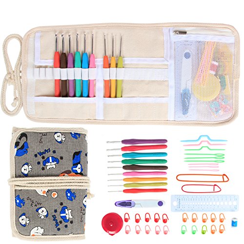 Damero Ergonomic Crochet Hooks Set, Canvas Wrap Organizer Roll Up, Knitting Needle Kit with 9pcs 2mm to 6mm Soft Grip Crochet Needles and complete Accessories, Cartoon Dogs