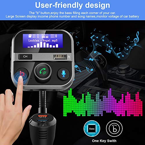 Car Bluetooth FM Transmitter FM Radio Adapter Handsfree Car Kit 1.7 Inch Screen with Bass Switch, 2.4A and QC3.0 USB Ports, Support for USB Drive, MicroSD, AUX Input/Output, TF Card Mp3 Player (Black)