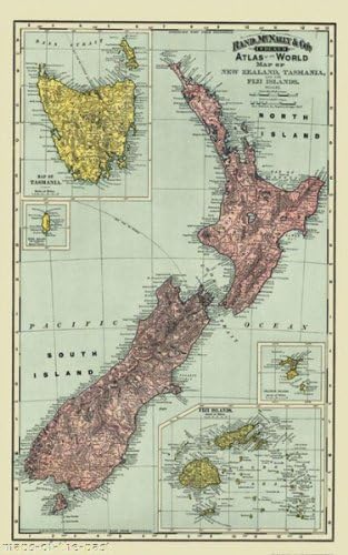 Old International Maps - NEW ZEALAND TAZMANIA &amp; FIGI ISLANDS MAP BY McNALLY &amp; 1897 - Matte Art Paper