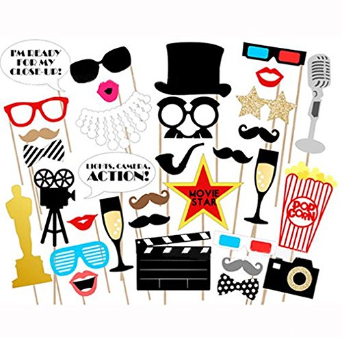 Losuya Funny Photo Booth Props Kit Paper Movie Night Hollywood Party Photobooth Props for Wedding, Birthday, Bachelorette Party 33pcs DIY Funny Mustache, Glasses, Lips, Movie Sign and Clapboard