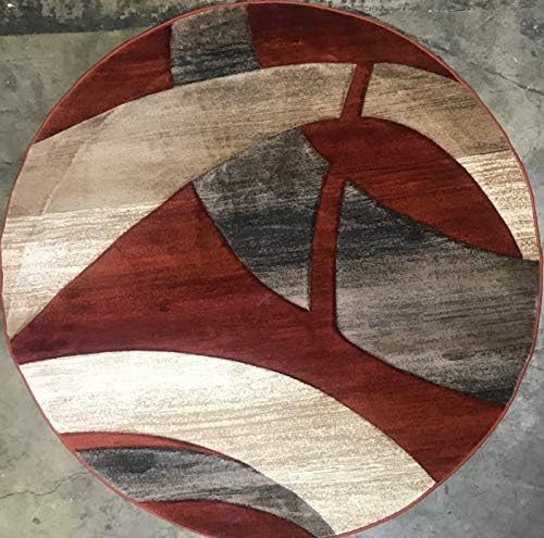 Modern Contemporary Geometric Round Area Rug Rust Terra Cotta Burgundy Blue & Beige Sculpture Design 248 (7 Feet 8 Inch X 7 Feet 8 Inch)