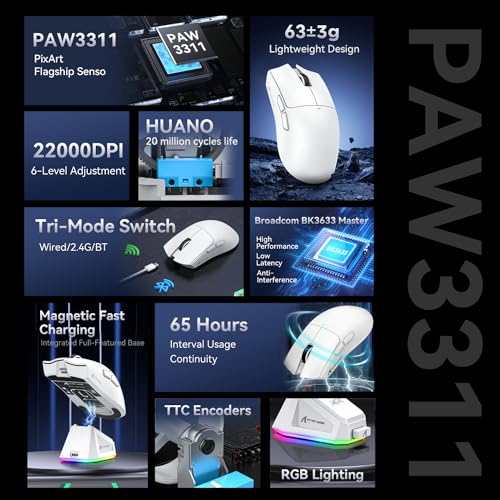 ATTACK SHARK X11 Gaming Mouse with Magnetic Charging Dock, PixArt PAW3311 Gaming Sensor, BT/2.4G Wireless/Wired Gaming Mouse, 22000 DPI, Office Mice Gamer Mice for Win11/Xbox/PS/Mac (White)