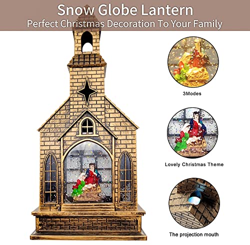 Christmas Snow Globes Lighted Water Lantern Glittering with Music, Battery Operated&USB Powered with 8 Songs &Timer, Nativity Water Globe Church Lantern for Christmas Home Decorations