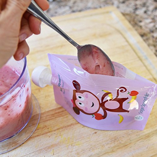 Sage Spoonfuls Squeezie 12 Piece Reusable Food Pouch, Monkey/Fruit Dots