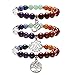 Jovivi 3pc 7 Chakras Gemstone Yoga Meditation Healing Balancing Round Stone Beads Stretch Bracelet Tree Life/Lotus/OM Symbol Charm