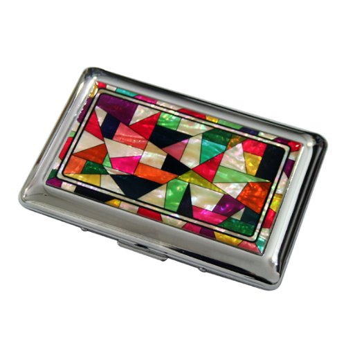 Mother of Pearl Yellow Red Green Patchwork Mosaic Design Engraved Metal Stainless Steel Cigarette Holder Case Storage Box