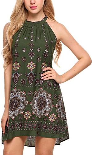 BLUETIME Women's Casual Sleeveless Halter Neck Boho Print Short Dress Sundress (XXL, Army Green)