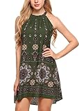 BLUETIME Women's Casual Sleeveless Halter Neck Boho Print Short Dress Sundress (L, Army Green)