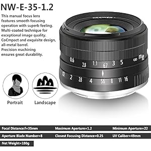 Neewer 35mm F1.2 Manual Focus Large Aperture Prime APS-C Aluminum Lens for Sony E Mount Mirrorless Cameras A7III A9 NEX 3 3N 5 NEX 5T NEX 5R NEX 6 7 A6400 A5000 A5100 A6000 A6100 A6300 A6500