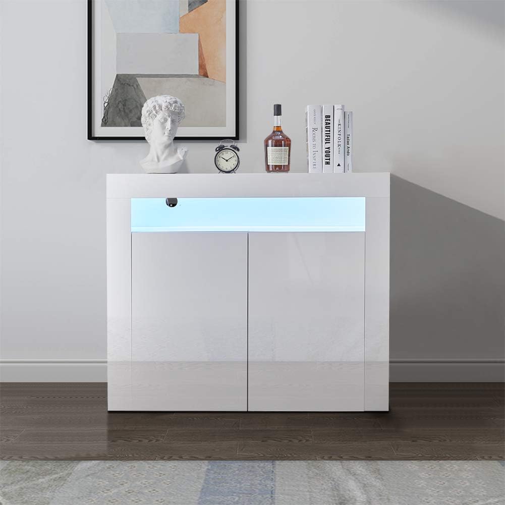 CLIPOP Modern High Gloss White Sideboard LED Lights Storage