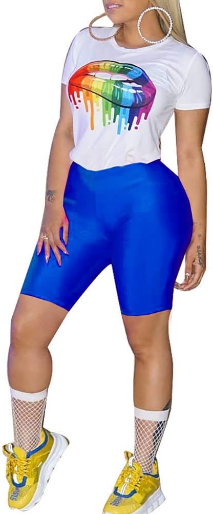 Womens 2 Piece Shorts Outfits Spandex Biker Lip Print Shorts Set Outfit Two Piece Tracksuits