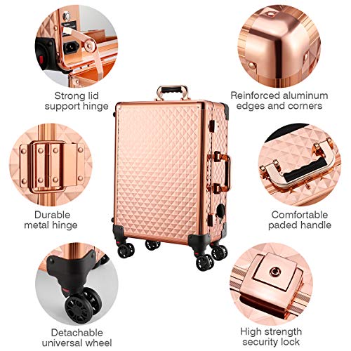 Ovonni LED Makeup Train Case, Lighted Rolling Travel Portable Cosmetic Organizer Box with Mirror and 4 Detachable Wheels, Professional Artist Trolley Studio Free Standing Workstation