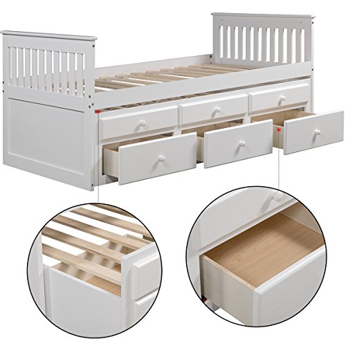 OCGIG Twin Rake Bed with Trundle Unit and Three Drawers Solid Wood US Stock,White