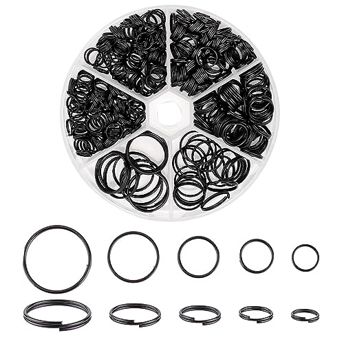 PH PandaHall 373pcs Split Key Rings 5 Sizes Metal Keychain Rings Black Split Keyrings Flat Ring Flat O Rings Keychain Holders for Men Women Home Car Office Keys Attachment, 8/10/12/15/20mm