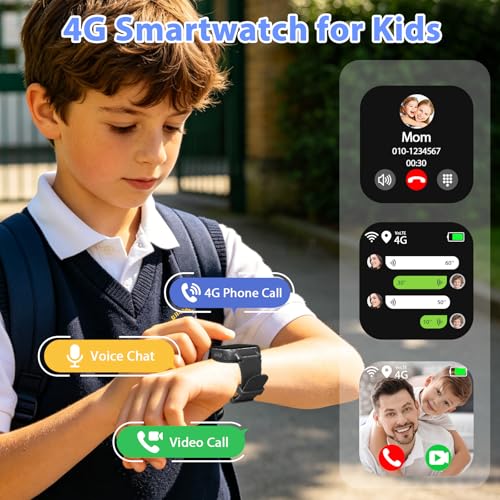 4G Children's Smartwatch with Video Call, GPS, SOS, Voice Chat, IP68 Waterproof, School Mode, Pedometer, Alarm Clock, Educational Games, Children's Watch Gift for Boys and Girls 4-12 Years (Black-8A)