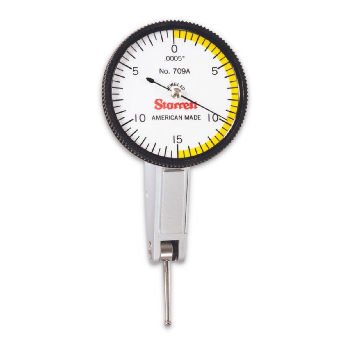 Starrett 709AZ Dial Test Indicator without Attachments, Dovetail Mount, White Dial, 0-15-0 Reading, 1.375" Dial Dia., 0-0.03" Range, 0.0005" Graduation, +/-0.0005" Accuracy