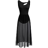 ODASDO Lyrical Dance Costumes for Women Contemporary Dancewear Sleeveless Cut Out Front Mesh Tulle Maxi Dress XS-XL