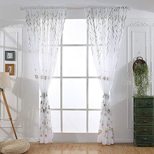 NIHAI 2pcs Willow Lotus Leaf Print Curtain- Tulle Sheer Treatment Door Window Curtain Modern Casual Drapes for Living Room Bedroom Home Decor