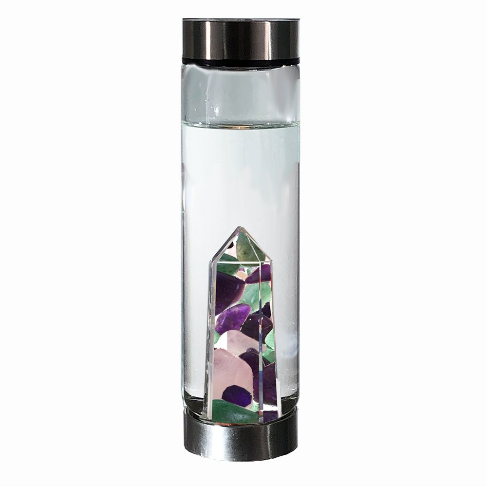 bewater Reusable gem Glass Water Bottle with a Chamber of Sparkling Rose Quartz, Amethyst and Aventurine Quartz Gemstones | Lead Free Borosilicate Glass | 500ml with a Wide Open Neck. (belove Glow)