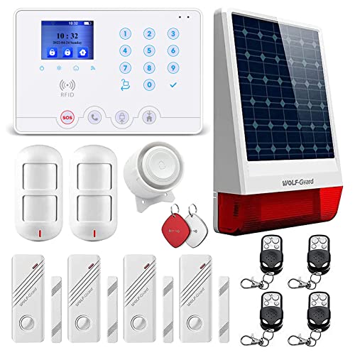Wolf Guard WiFi and 4G Home Alarm System Set, Home Alarm System with Wireless Solar Outdoor Siren, Window and Door Sensor, Motion Sensor, RFID, Tuya App, German W4Q-W06
