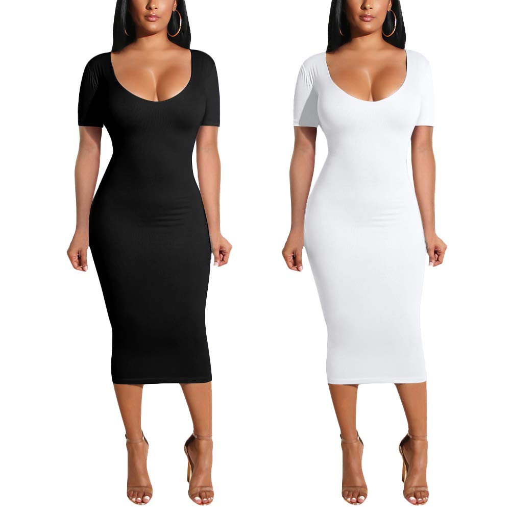 Women\'s Short Sleeve Bodycon Dresses - Elegant Hollow Out Solid Slim Midi Dress Large White