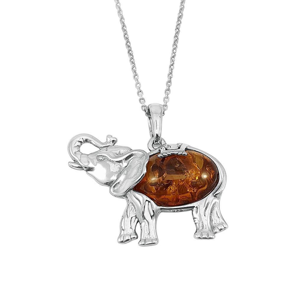 Kiara Jewellery 925 Sterling Silver Large Elephant Pendant Necklace Inlaid With Brown Cognac Baltic Amber on 18" Sterling Silver Chain.