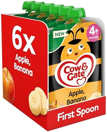 Cow & Gate Fruit Pouch Apple & Banana Baby Food Snacks, 4+ Months, 100g (Pack of 6)