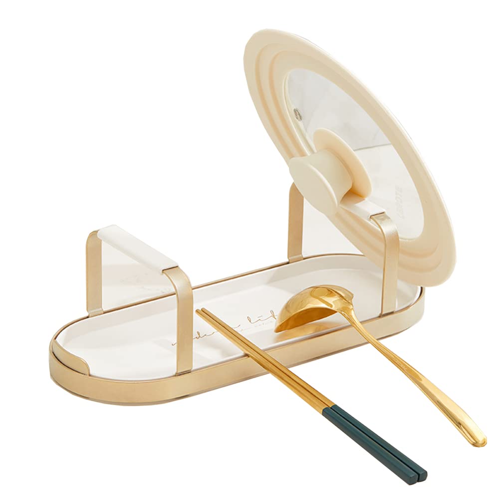 STARRY G Pot Lid Holder Stand, Kitchen Utensils Rest with Drip Pan, Cooking Spoon Rest with Lid Holder, Countertop Organiser Rack for Ladles, Tongs, Spatula, Flatware Tray Shelf - White Double Layer