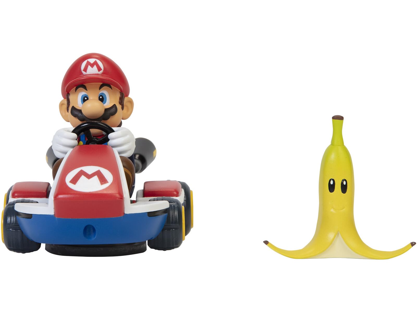 Nintendo Mario Spin Out Kart, 2.5" / 6cm Racer Vehicle Wind Up and Go with Banana Accessory, Spin Out Feature Activates 360° Spins!