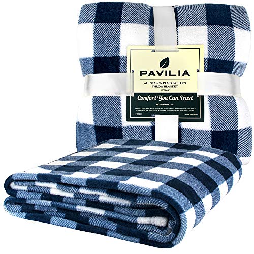 PAVILIA Buffalo Check Fleece Throw Blanket Blue White Checkered Plaid