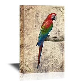 Birds and Poultry Canvas Wall Art - Colorful Parrot Standing on Tree Branch - Retro Style Gallery Wrap Modern Home Art | Ready to Hang - 12x18 inches