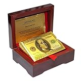 LLF 24K Gold Foil $100 Benjamin Franklin Playing Cards With Mahogany Wooden Box