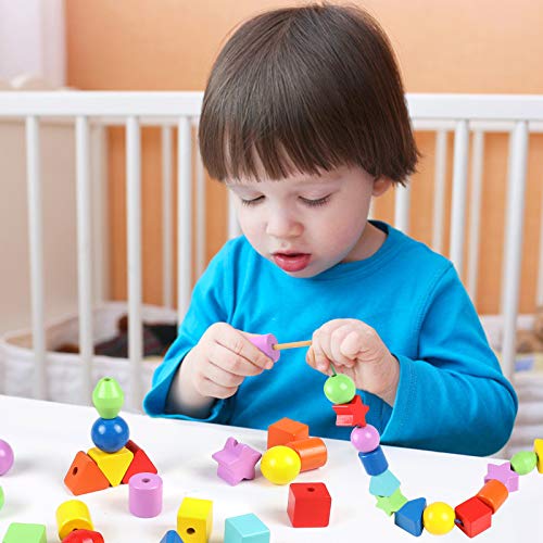 Atoylink 42PCS Lacing Beads Montessori Toys for Toddlers Wooden Primary String Threading Beads