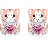 Cute Guinea Pig Stud Earrings - 925 Sterling Silver CZ Heart Birthstone Animal Earrings Guinea Jewelry Gifts for Women Christmas Birthday