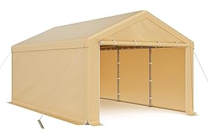 Cecarol C04 12x20FT Heavy Duty Carport, 180G Heat-Sealing All WeatherTarp, 40MPH Windproof, w/Side Tarps for Sandbag Mounting, Detachable Side Walls&Doors (Beige)