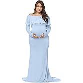 JustVH Maternity Fitted Elegant Gown Long Sleeve Off Shoulder Ruffles Maxi Photography Dress for Photoshoot