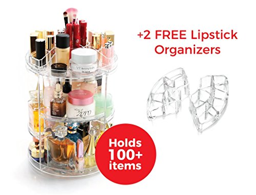 Compact 360 Degree Rotating Makeup / Cosmetic / Jewelery / Office Supply Storage Organizer Display Case for Men, Women, and Children w/ 2 BONUS Lipstick Boxes