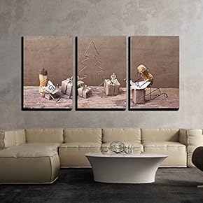3 Piece Canvas Wall Art - Miniature with Peanut People on Christmas Unpacking Their Presents - Modern Home Art Stretched and Framed Ready to Hang - 16"x24"x3 Panels