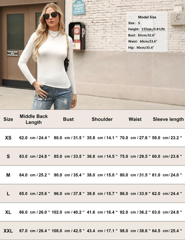 Marvmys Womens Long Sleeve Shirts Turtleneck Stretchy Fitted Casual Tops Basic Base Layer Soft Thermal Tee White 2XL