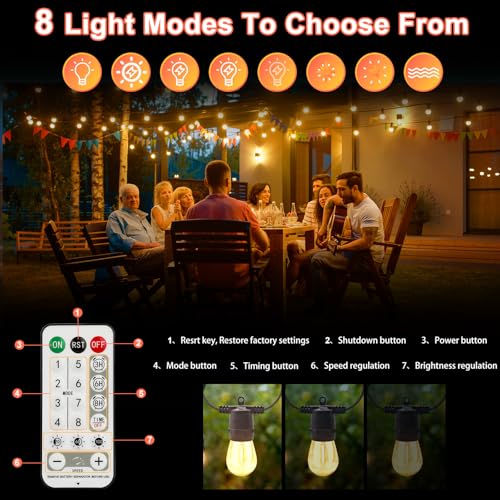 35M Solar String Lights Outdoor with 30 S14 LEDs & 2 Spares, 48Hrs 7200mAh, USB/Solar Charging, 8 Modes Remote, IP65 Waterproof, 2 Installation for Garden